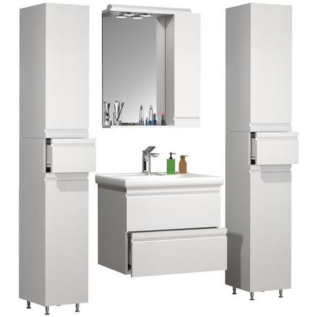 VCM 5-tlg. Waschplatz Waschtisch 60 cm Badmöbel Set Waschbecken grifflose Schublade Spiegelschrank Hochschrank Silora L  