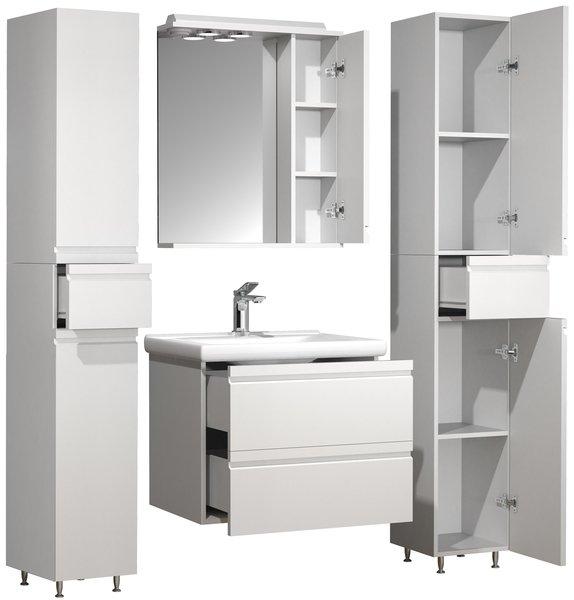 VCM 5-tlg. Waschplatz Waschtisch 60 cm Badmöbel Set Waschbecken grifflose Schublade Spiegelschrank Hochschrank Silora L  