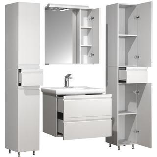 VCM 5-tlg. Waschplatz Waschtisch 60 cm Badmöbel Set Waschbecken grifflose Schublade Spiegelschrank Hochschrank Silora L  