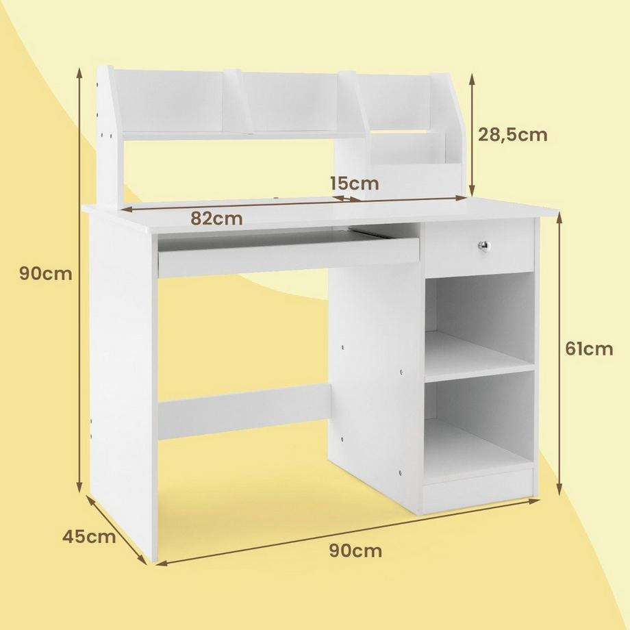 Northix Scrivania in legno per bambini con contenitore, libreria, vassoio per tastiera e cassetto bianco  