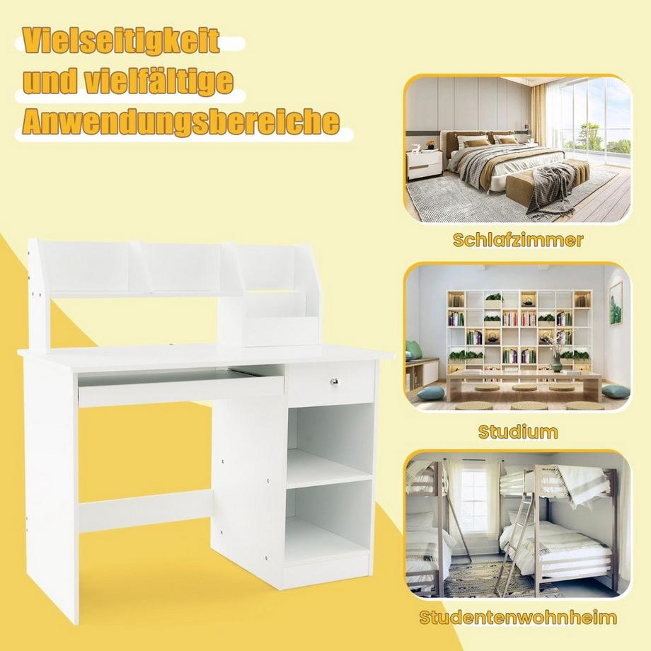 Northix Scrivania in legno per bambini con contenitore, libreria, vassoio per tastiera e cassetto bianco  