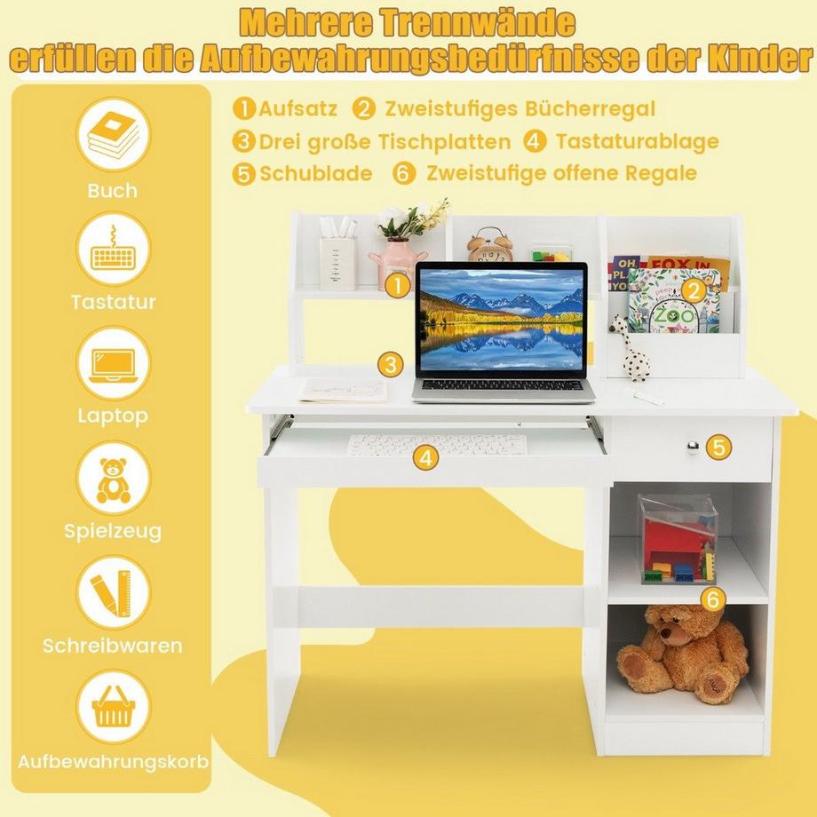 Northix Scrivania in legno per bambini con contenitore, libreria, vassoio per tastiera e cassetto bianco  