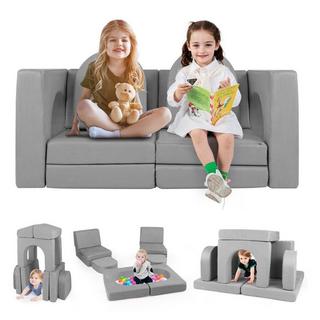 Northio Kindersofa 8-teilig Spielsofa aus Schaumstoff Bausteine mit bequemem Wildlederstoff Grau  