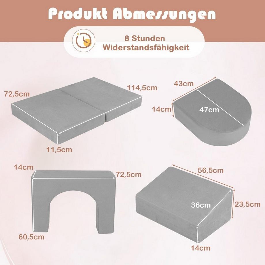 Northio Kindersofa 8-teilig Spielsofa aus Schaumstoff Bausteine mit bequemem Wildlederstoff Grau  