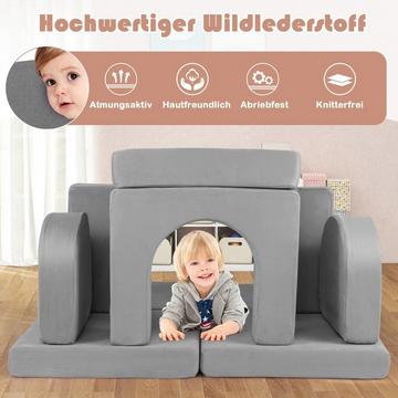 Kindersofa 8-teilig Spielsofa aus Schaumstoff Bausteine mit bequemem Wildlederstoff Grau