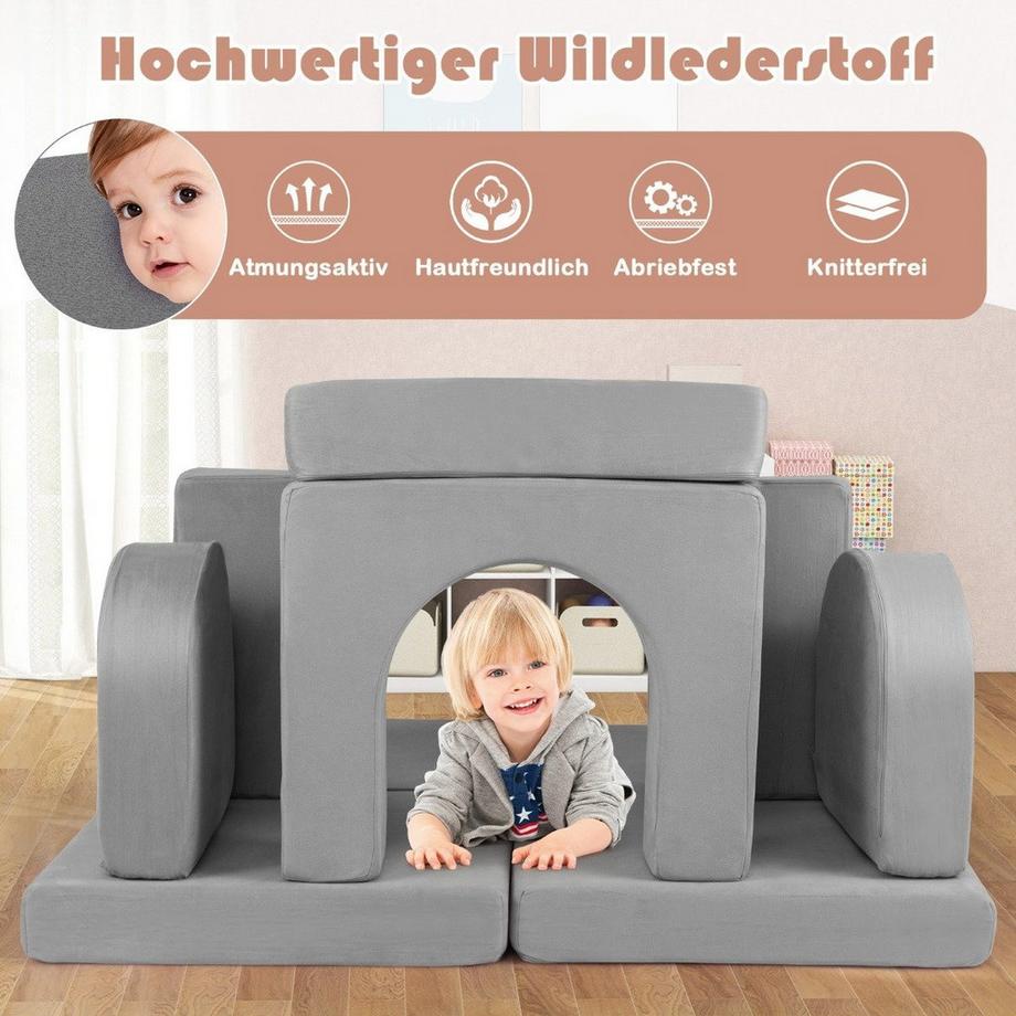 Kindersofa 8-teilig Spielsofa aus Schaumstoff Bausteine mit bequemem Wildlederstoff Grau