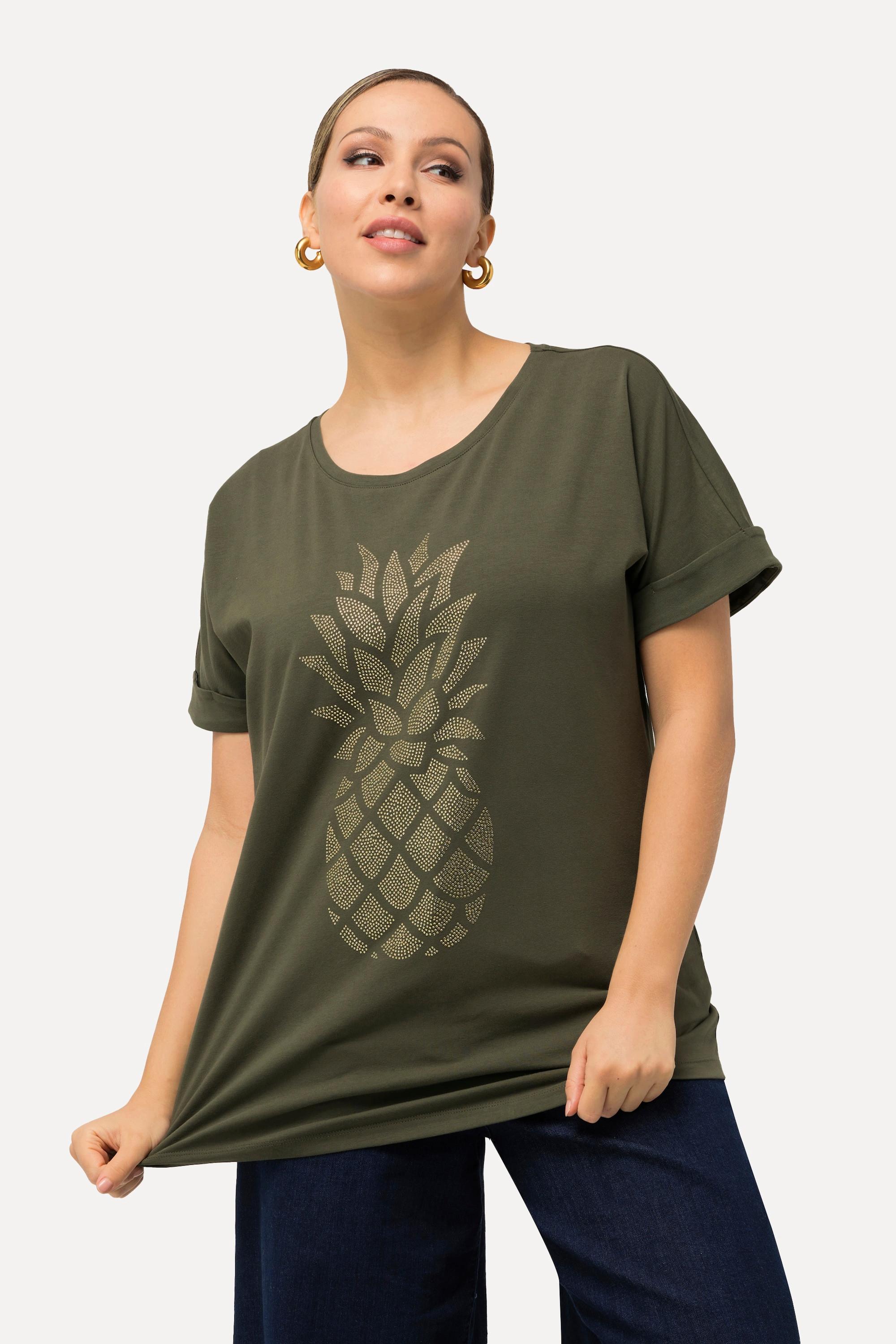 Ulla Popken  T-shirt oversized à motif ananas, décolleté rond et manches courtes 