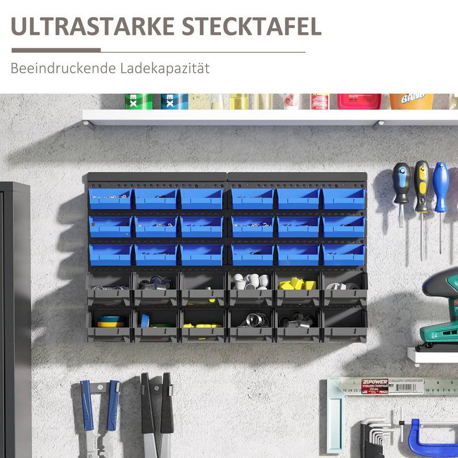 Northio Etagère goulotte, 63 x 18 x 37,5 cm, 30 boîtes en 2 tailles, avec 2 plaques perforées, suffisamment d'espace, pour garage atelier, plastique, bleu  