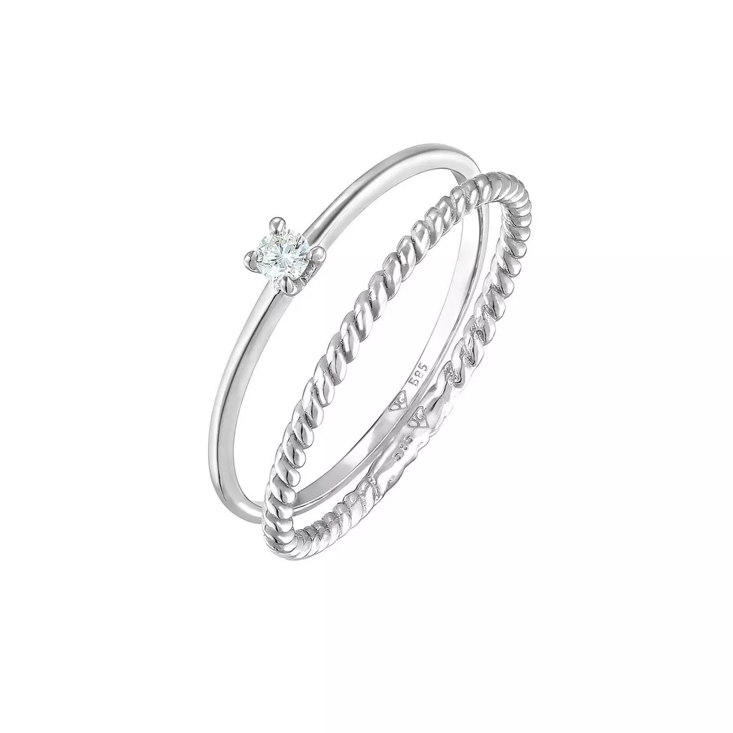 Elli - Ring Diamant (0.06 Ct) Solitär Bandring 585 Weißgold, 52mm, Silber