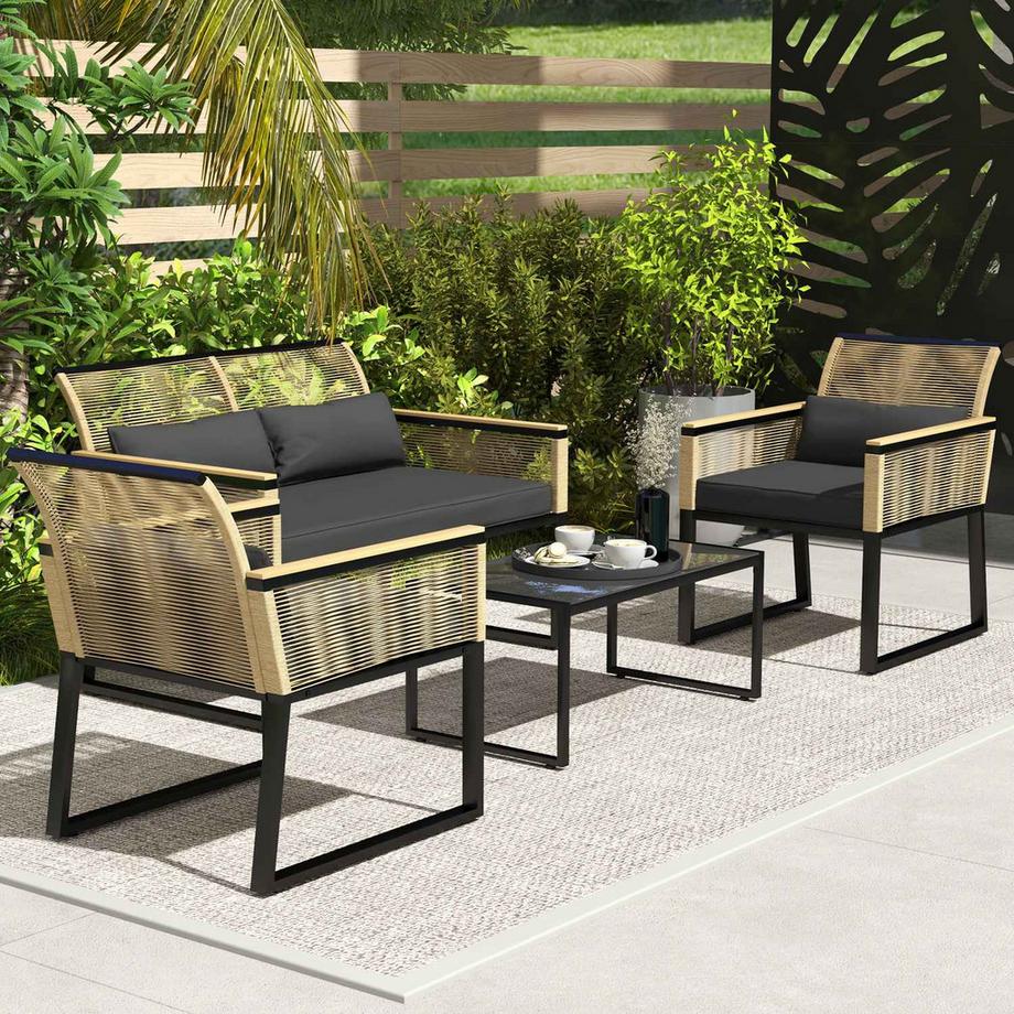Northio  Polyrattan Gartenmöbel Set 4 Personen, wetterfest Balkonmöbel-Set mit 2er Sofa, 2 Stühle Glastisch Sitzkissen, Outdoor Sitzgruppe, Terrassenmöbel Gartengarnitur für Garten Balkon, Schwarz Aosom 
