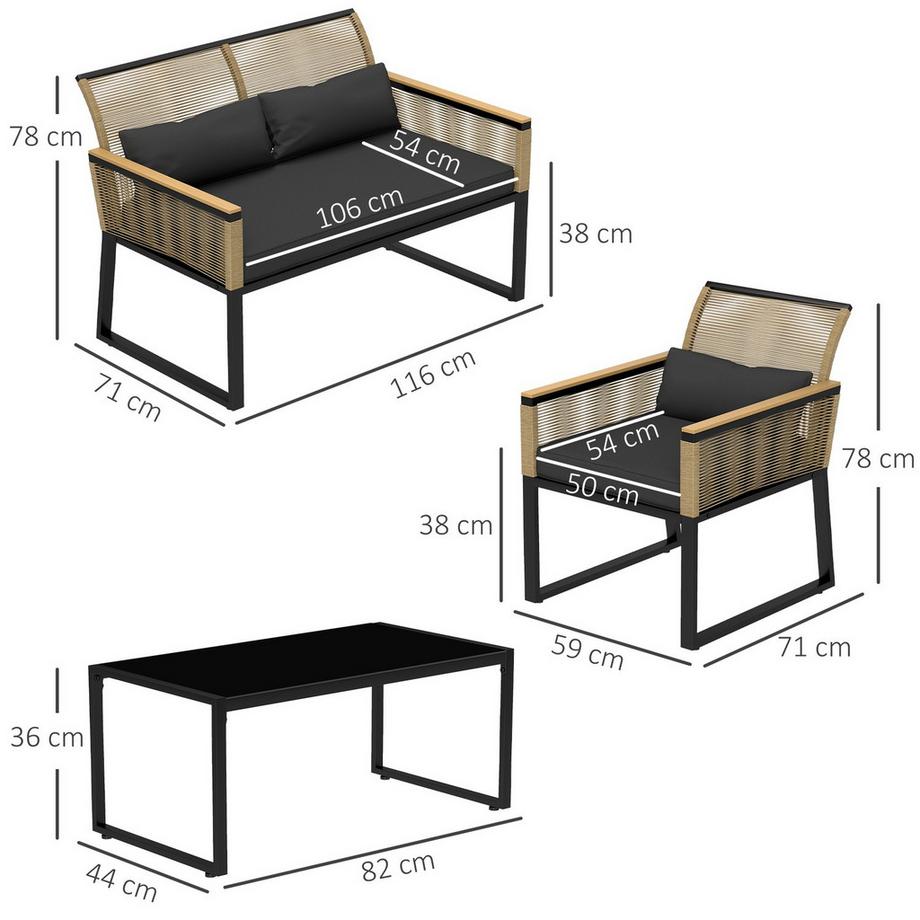 Northio  Polyrattan Gartenmöbel Set 4 Personen, wetterfest Balkonmöbel-Set mit 2er Sofa, 2 Stühle Glastisch Sitzkissen, Outdoor Sitzgruppe, Terrassenmöbel Gartengarnitur für Garten Balkon, Schwarz Aosom 