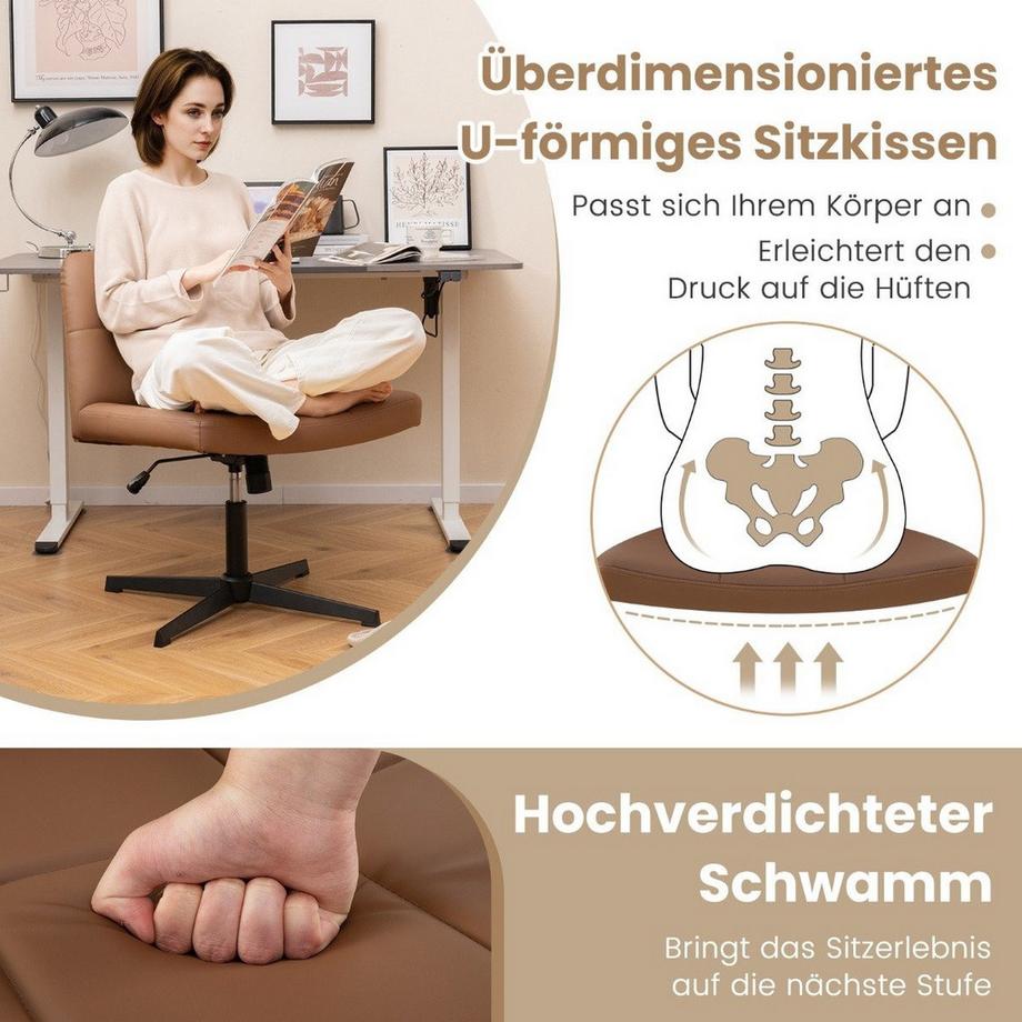 B2X  Bürostuhl ohne Armlehnen Schreibtischstuhl mit breitem Sitz & Wippfunktion Kunstleder für Heimbüro Braun 