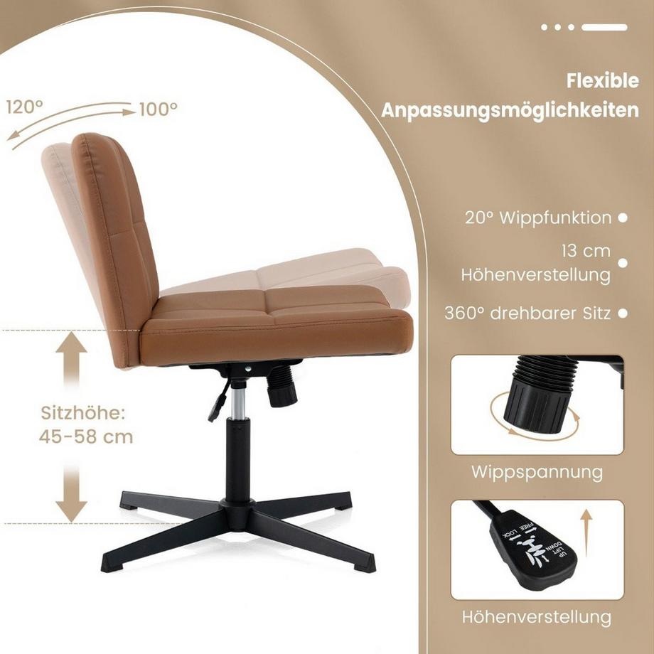 B2X  Bürostuhl ohne Armlehnen Schreibtischstuhl mit breitem Sitz & Wippfunktion Kunstleder für Heimbüro Braun 
