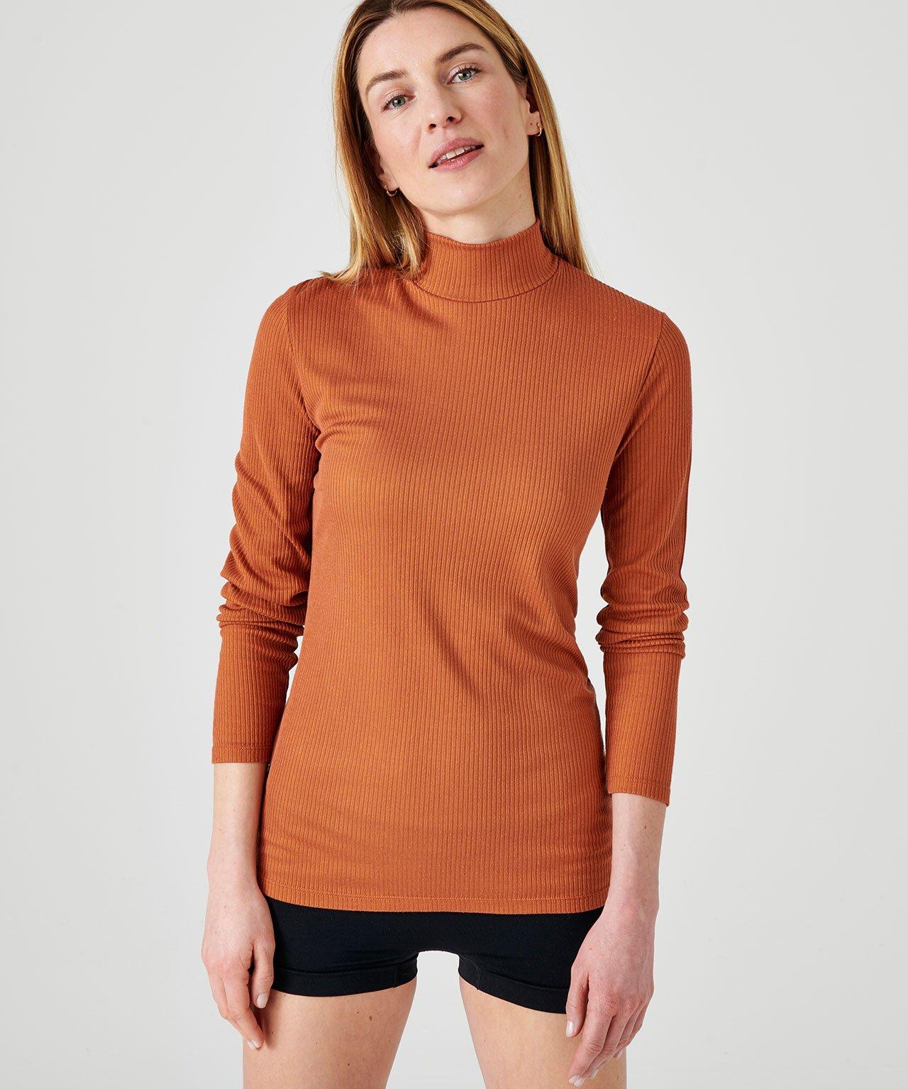 Image of Unterziehpullover Aus Thermolactyl-rippstrick Und Seide Mit Stehkragen. Damen Braun 54/56