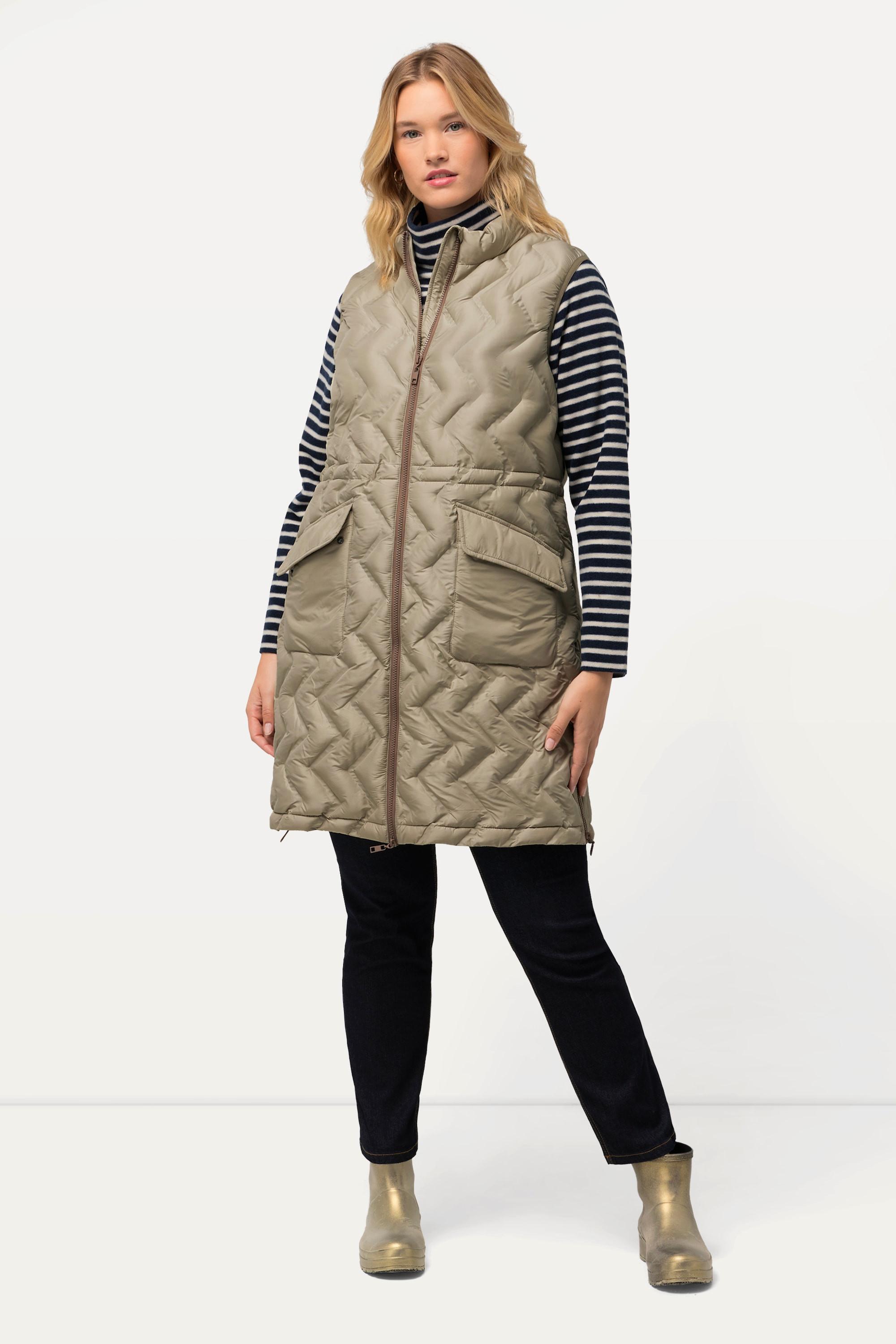 Ulla Popken  Gilet lungo e trapuntato HYPRAR con design a spina di pesce, collo alto e cerniera a cursore doppio 