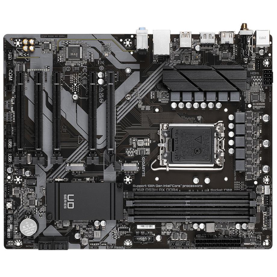 Gigabyte  B760 DS3H AX DDR4 Mainboard - Unterstützt Intel Core Prozessoren der 14. Generation, 8+2+1 Phasen digitales VRM, bis zu 5333MHz DDR4 (OC), 2x PCIe 4.0 M.2, Wi-Fi 6E, GbE LAN, USB 3.2 Gen 2 
