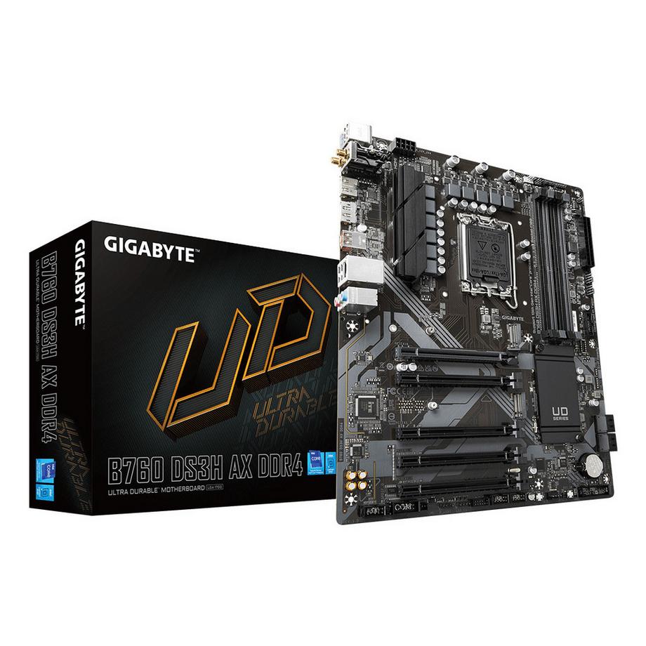 Gigabyte  B760 DS3H AX DDR4 Mainboard - Unterstützt Intel Core Prozessoren der 14. Generation, 8+2+1 Phasen digitales VRM, bis zu 5333MHz DDR4 (OC), 2x PCIe 4.0 M.2, Wi-Fi 6E, GbE LAN, USB 3.2 Gen 2 