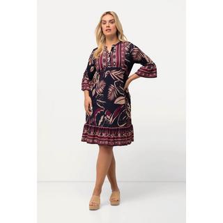 Ulla Popken  Robe mini coupe trapèze, imprimé feuilles, décolleté en V et manches 3/4 