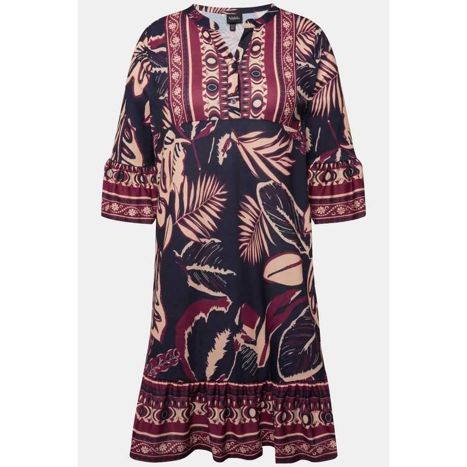 Ulla Popken Abito mini stampa foglie taglio svasato scollo a V maniche 3/4  