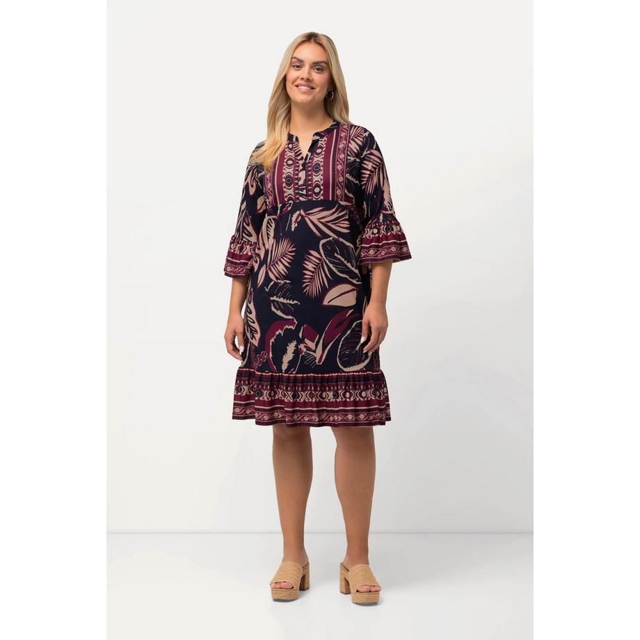 Ulla Popken Abito mini stampa foglie taglio svasato scollo a V maniche 3/4  