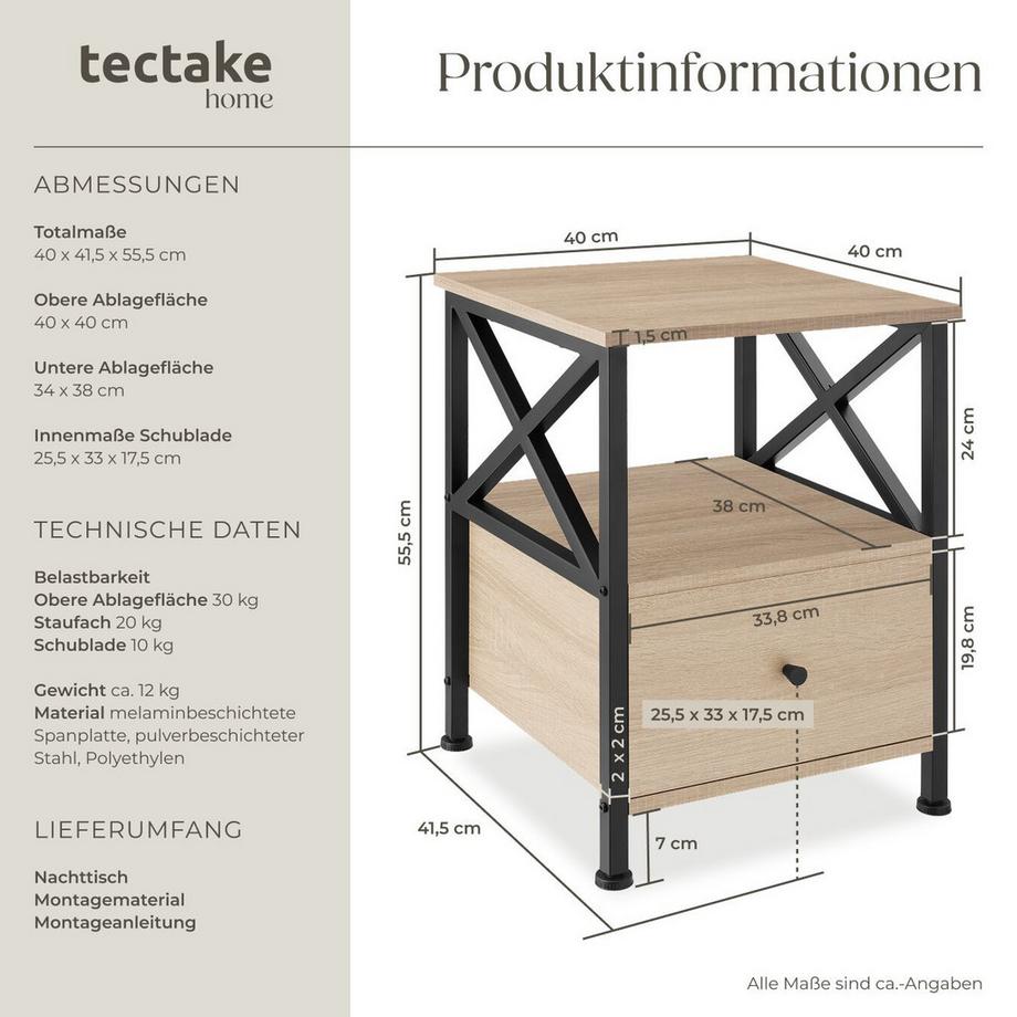 Tectake Comodino Falkirk stile industriale  