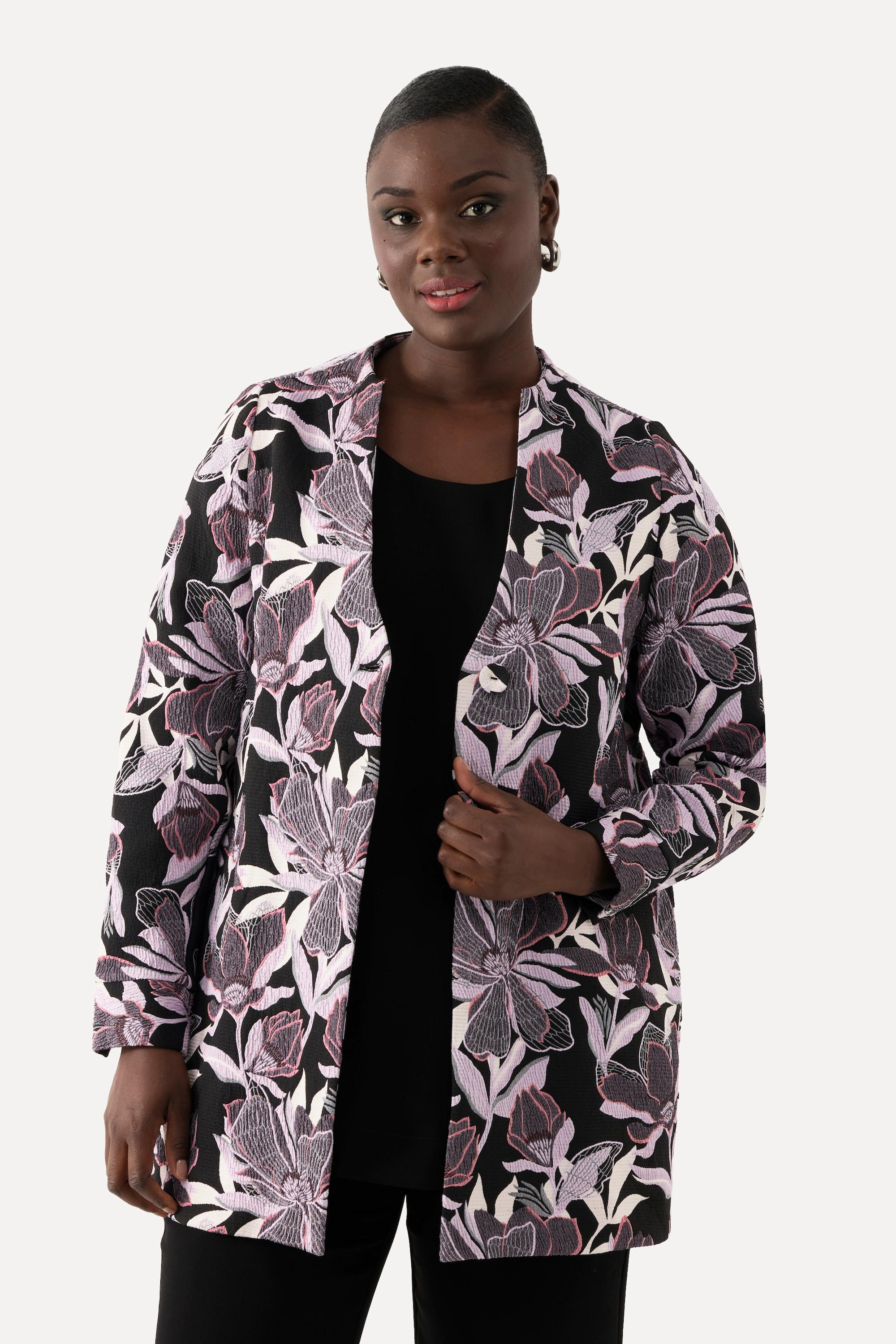 Ulla Popken  Veste Jacquard motif fleurs, col calice et encolure en V 