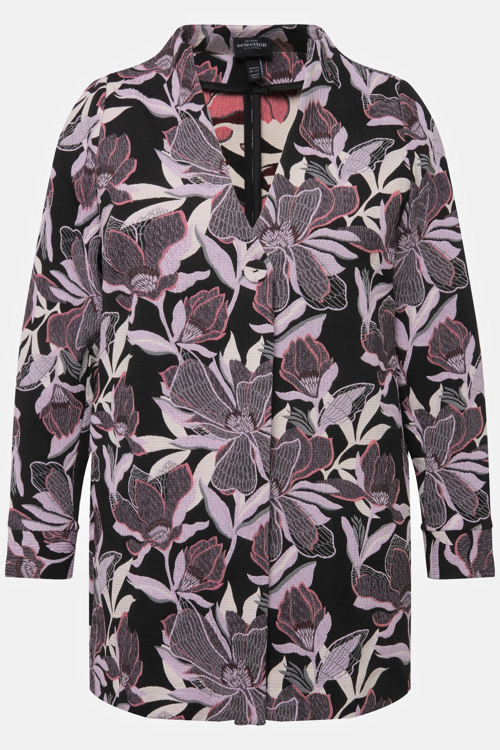 Ulla Popken  Veste Jacquard motif fleurs, col calice et encolure en V 