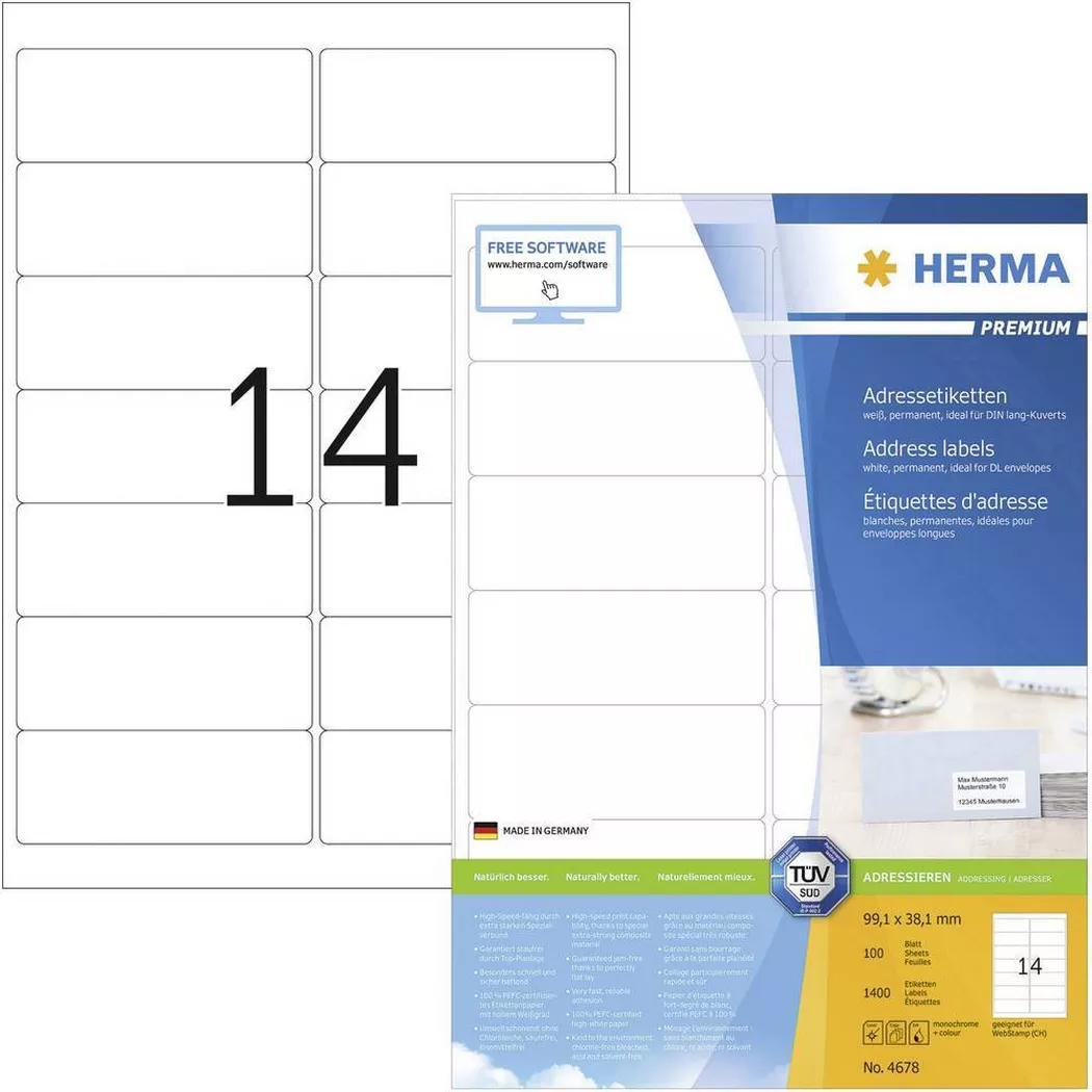 HERMA – Adress-Etiketten 99.1 x 38.1 mm Papier 1400 St, One Size, Weiss