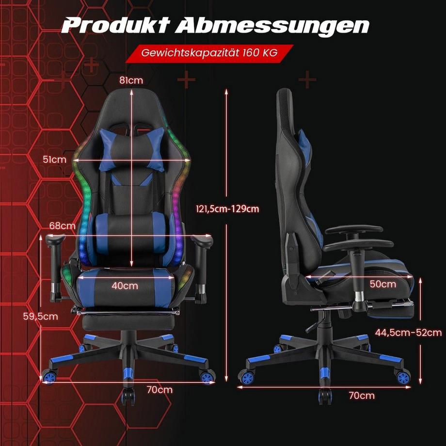 Northix  Gaming Stuhl mit RGB-LED-Leuchten & Einziehbarer Fußstütze Ergonomischer Bürostuhl Blau 