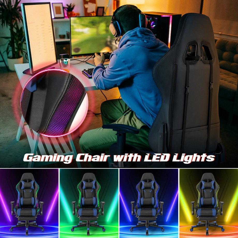 Northix  Gaming Stuhl mit RGB-LED-Leuchten & Einziehbarer Fußstütze Ergonomischer Bürostuhl Blau 