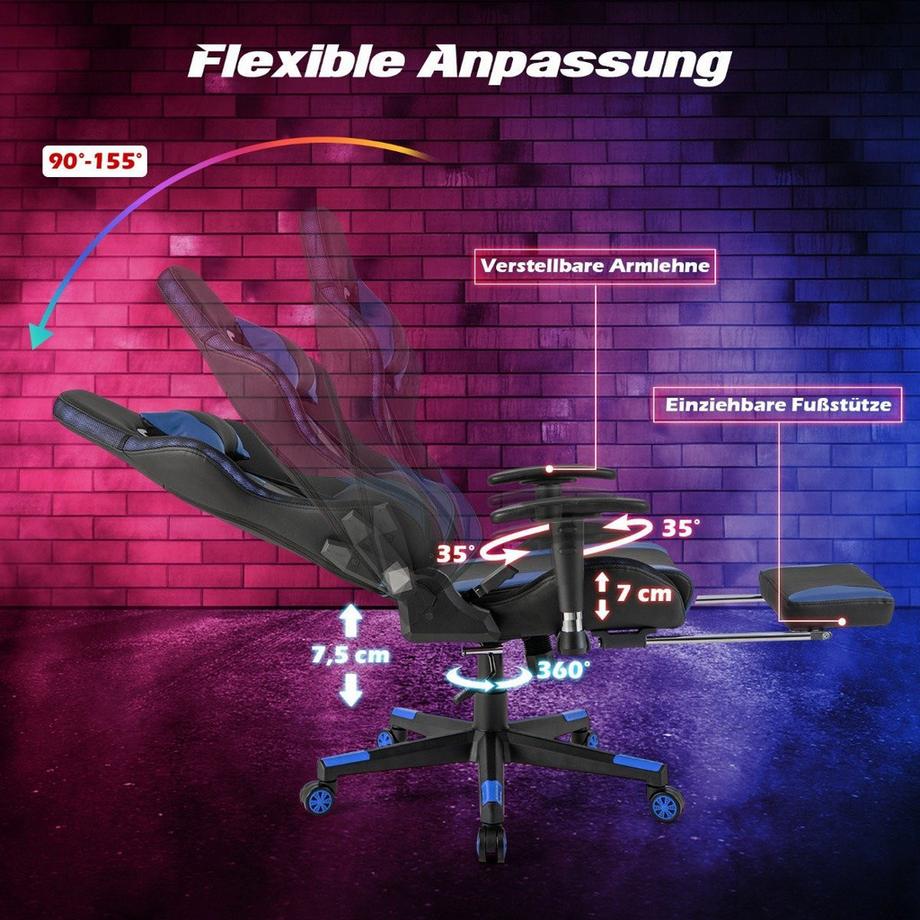 Northix  Gaming Stuhl mit RGB-LED-Leuchten & Einziehbarer Fußstütze Ergonomischer Bürostuhl Blau 