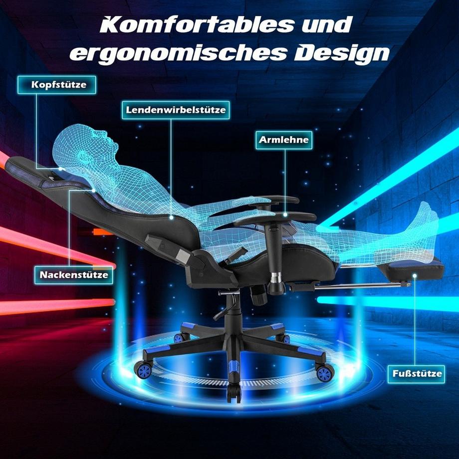 Northix  Gaming Stuhl mit RGB-LED-Leuchten & Einziehbarer Fußstütze Ergonomischer Bürostuhl Blau 