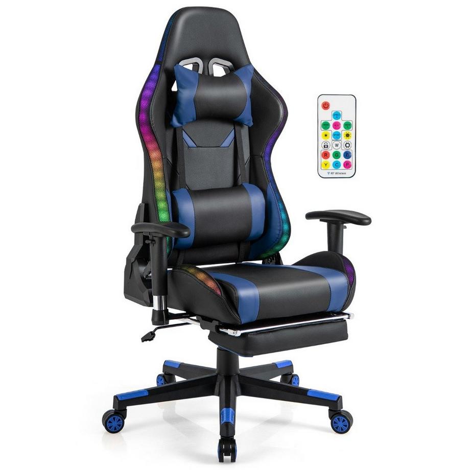 Northix  Gaming Stuhl mit RGB-LED-Leuchten & Einziehbarer Fußstütze Ergonomischer Bürostuhl Blau 