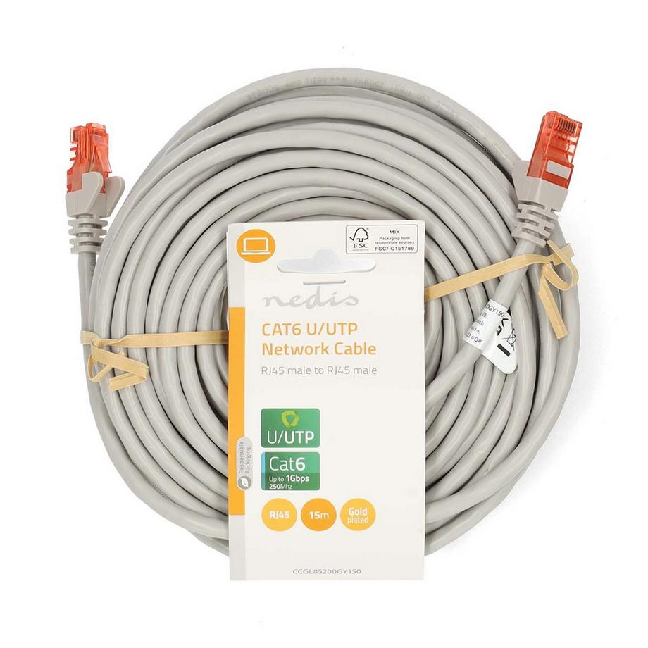 Nedis  Câble réseau CAT6 | RJ45 mâle | RJ45 mâle | U/UTP | 15.0 m | Rond | PVC | Gris | Etiquette 