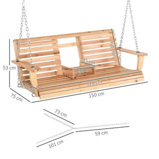 Northio Banc suspendu balançoire de jardin avec table basse pliable et porte-gobelet, bois de sapin, pour 2-3 personnes, 150x75x53cm, naturel  