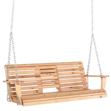 Banc suspendu balançoire de jardin avec table basse pliable et porte-gobelet, bois de sapin, pour 2-3 personnes, 150x75x53cm, naturel