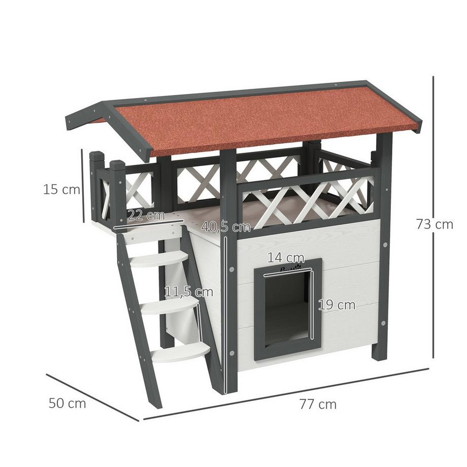 Northio  Katzenhaus Mit Asphaltdach, 2-Stöckig, Katzenhütte Mit Balkon, Katzenvilla Mit Treppe, Massivholz, Weiß, 77 X 50 X 73 Cm 