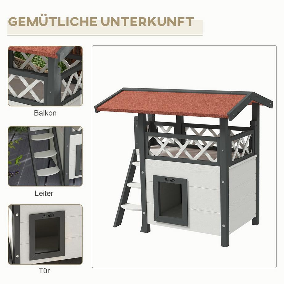 Northio  Katzenhaus Mit Asphaltdach, 2-Stöckig, Katzenhütte Mit Balkon, Katzenvilla Mit Treppe, Massivholz, Weiß, 77 X 50 X 73 Cm 