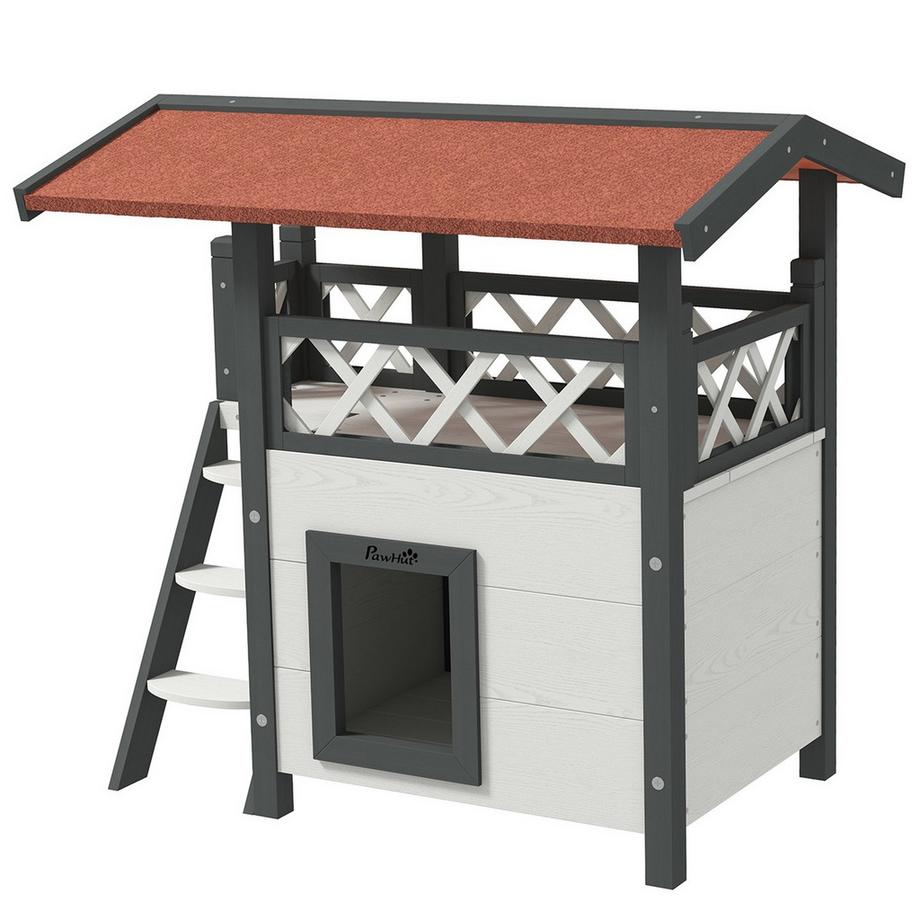 Northio  Katzenhaus Mit Asphaltdach, 2-Stöckig, Katzenhütte Mit Balkon, Katzenvilla Mit Treppe, Massivholz, Weiß, 77 X 50 X 73 Cm 