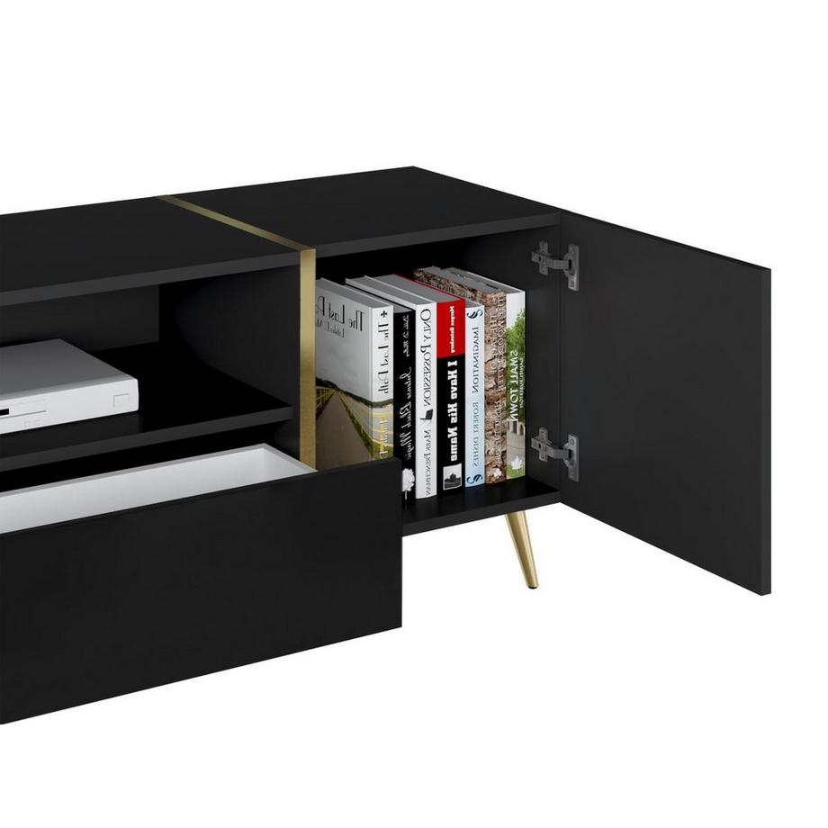 Vente-unique Mobile TV con 2 ante, 1 cassetto e 1 nicchia Nero brillante e Dorato - MARZIALO  