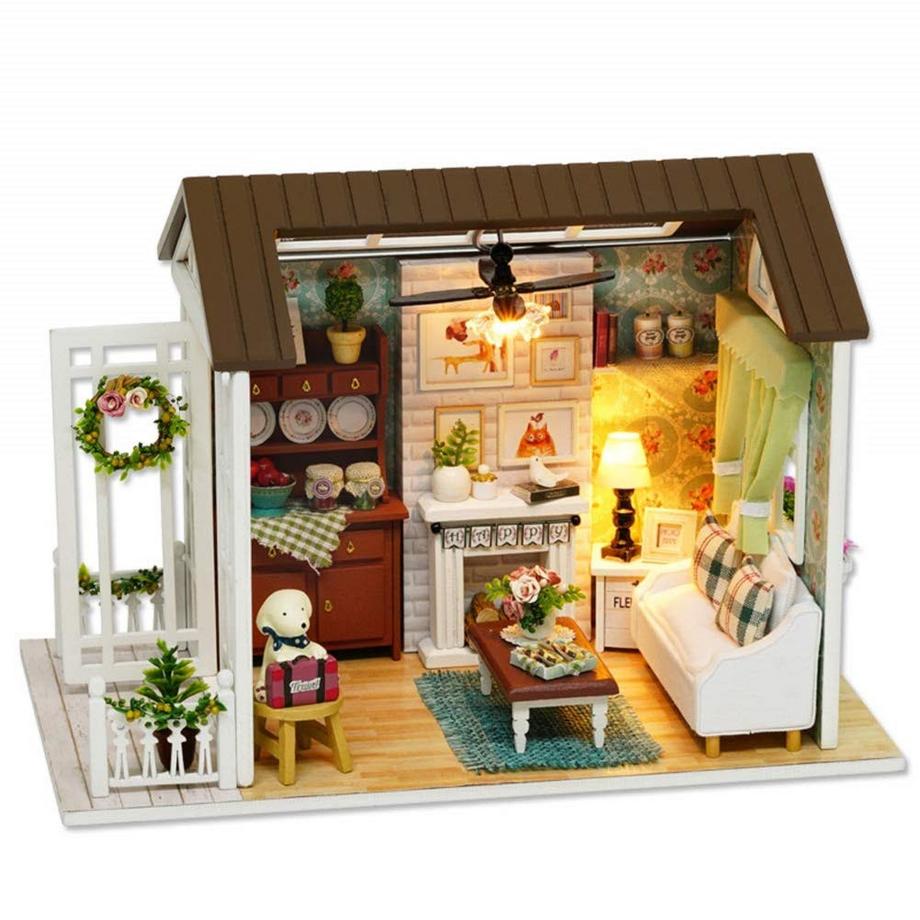 DIY Puppenhaus aus Holz, Handwerk, Miniatur-Kit-Salon, Modell und Möbel