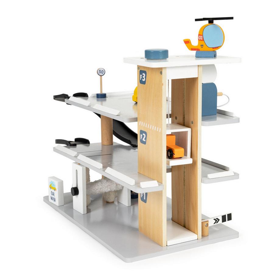 B2X  Grand garage en bois, parking avec ascenseur, voitures, hélicoptère, lave-auto ECOTOYS 