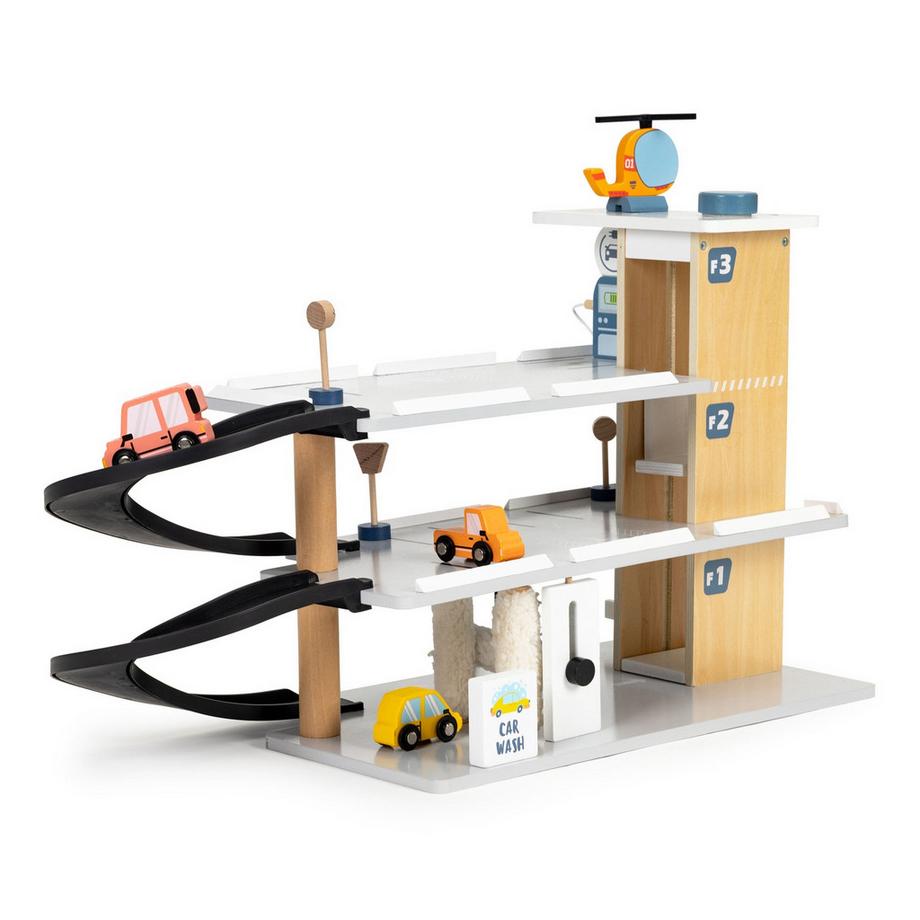 B2X  Grand garage en bois, parking avec ascenseur, voitures, hélicoptère, lave-auto ECOTOYS 