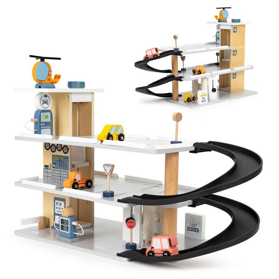 B2X  Grand garage en bois, parking avec ascenseur, voitures, hélicoptère, lave-auto ECOTOYS 