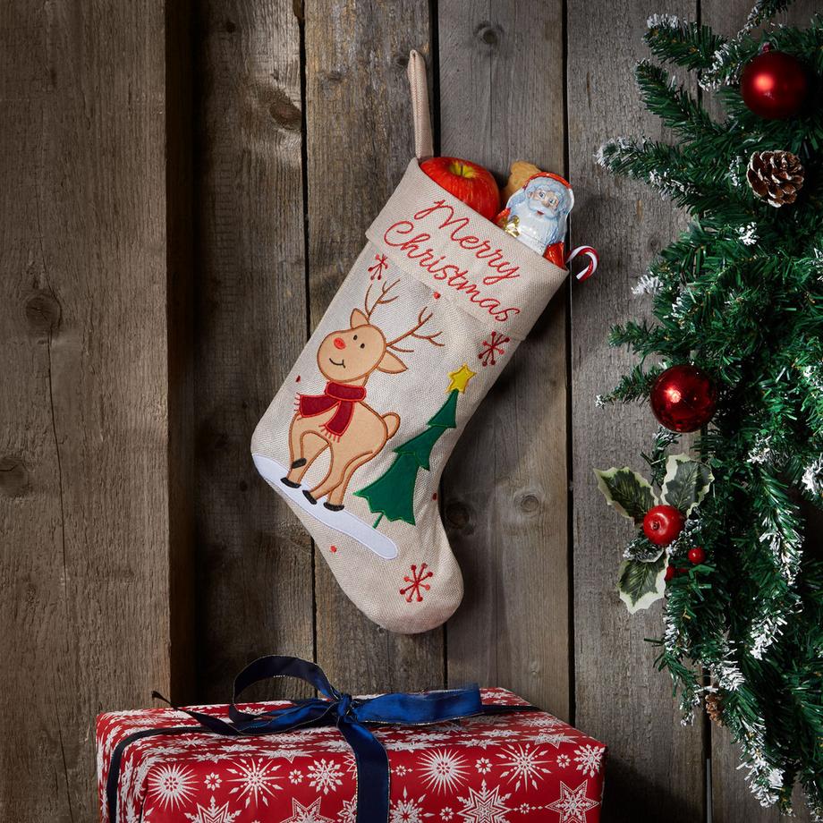 Tectake  Calza di San Nicola effetto juta Con disegno di renna Da riempire 