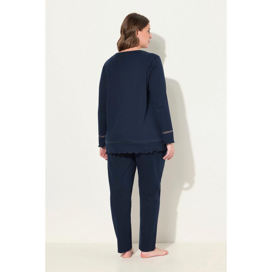 Ulla Popken Pyjama Ourlet Creux Bords Ondulés Col Rond Manches Longues  