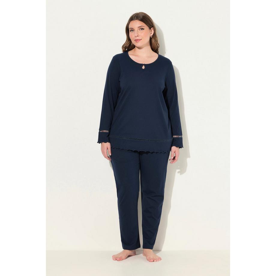 Ulla Popken Pyjama Ourlet Creux Bords Ondulés Col Rond Manches Longues  