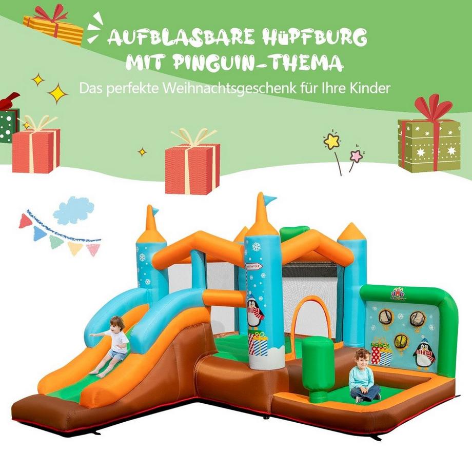 Northix  Aufblasbare Hüpfburg Aufblasbares Schloss mit Pinguinmotiven (ohne Gebläse) 