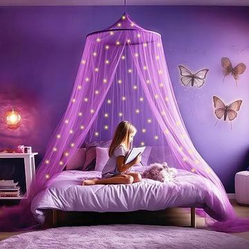 Ciel de lit violet avec étoiles brillantes pré-encollées - Moustiquaire princesse violette pour décoration chambre fille - Rideaux de lit à baldaquin pour enfants et lit bébé