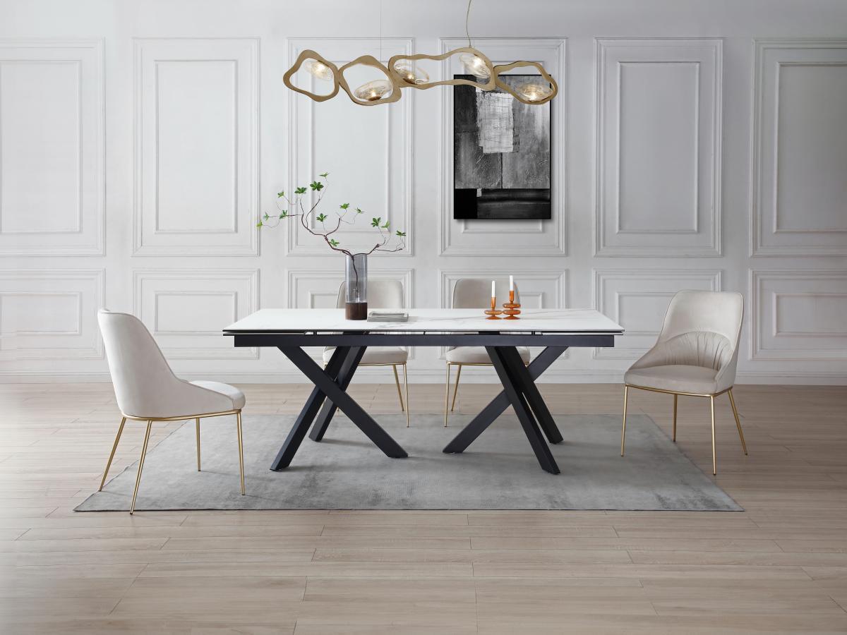 Vente-unique Table à manger extensible 8 à 12 personnes en verre trempé et céramique - Effet marbre blanc et noir - MARISO  